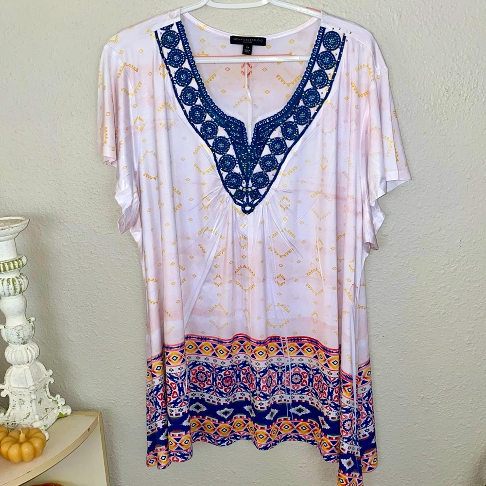 Women's Boho Top with Blue Accents